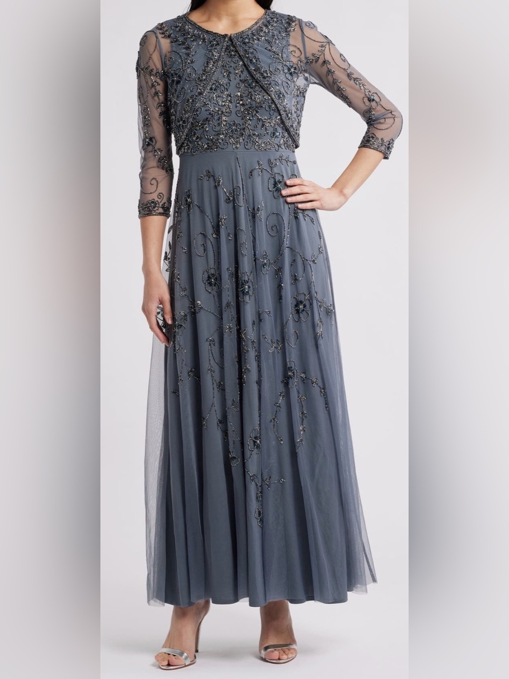Pisarro Nights long beaded Mesh Gown w/Jacket color is New Steel Size 12 LN